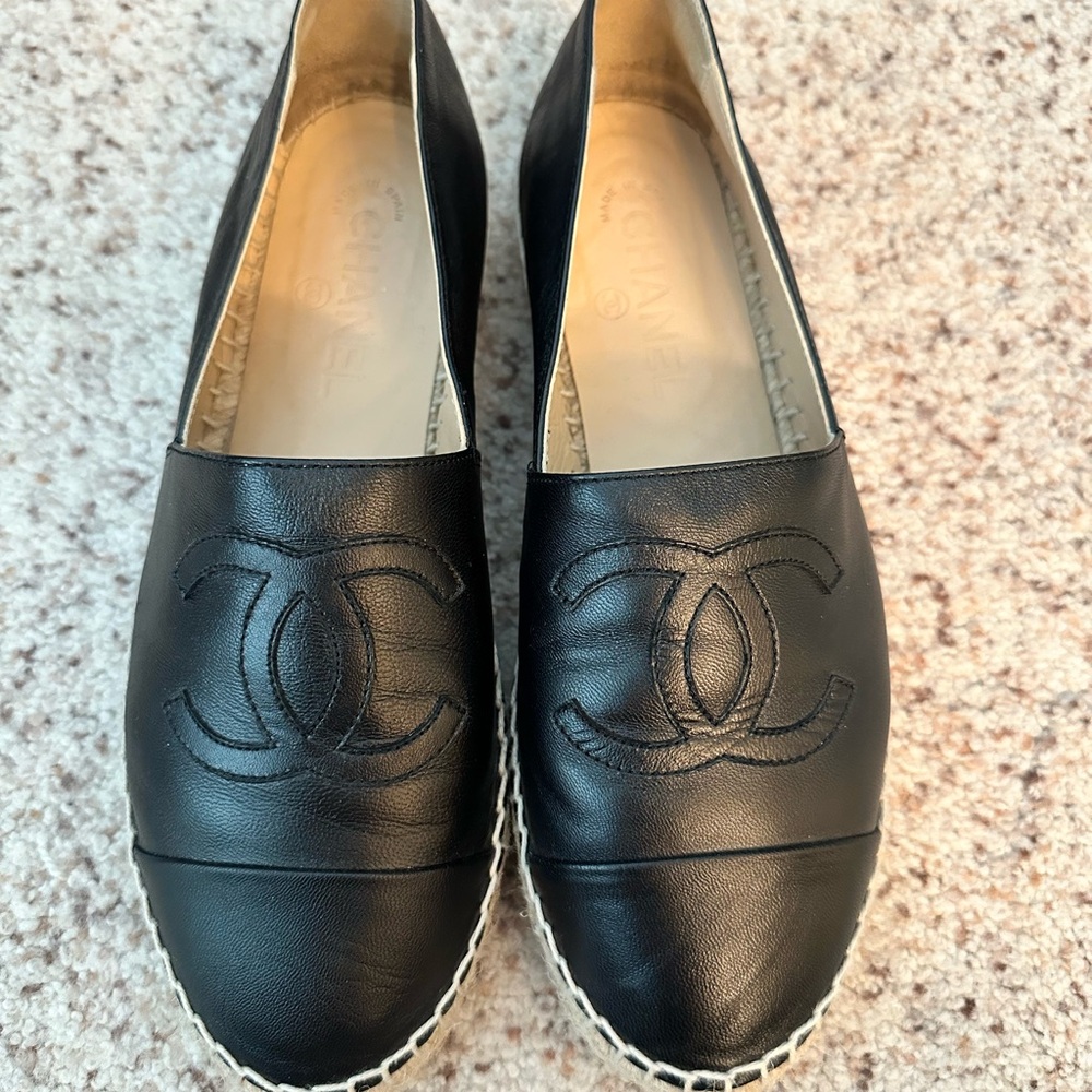 CHANEL Black Leather Espadrilles